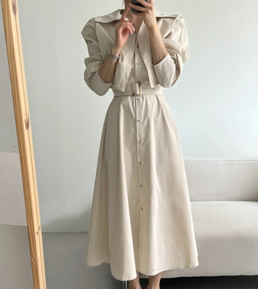 Korean Chic Fashion Designer Autumn Fake Two Piece Trench Dress For Women Lapel Single Breasted Lace Up Belt Loose Long Clothes