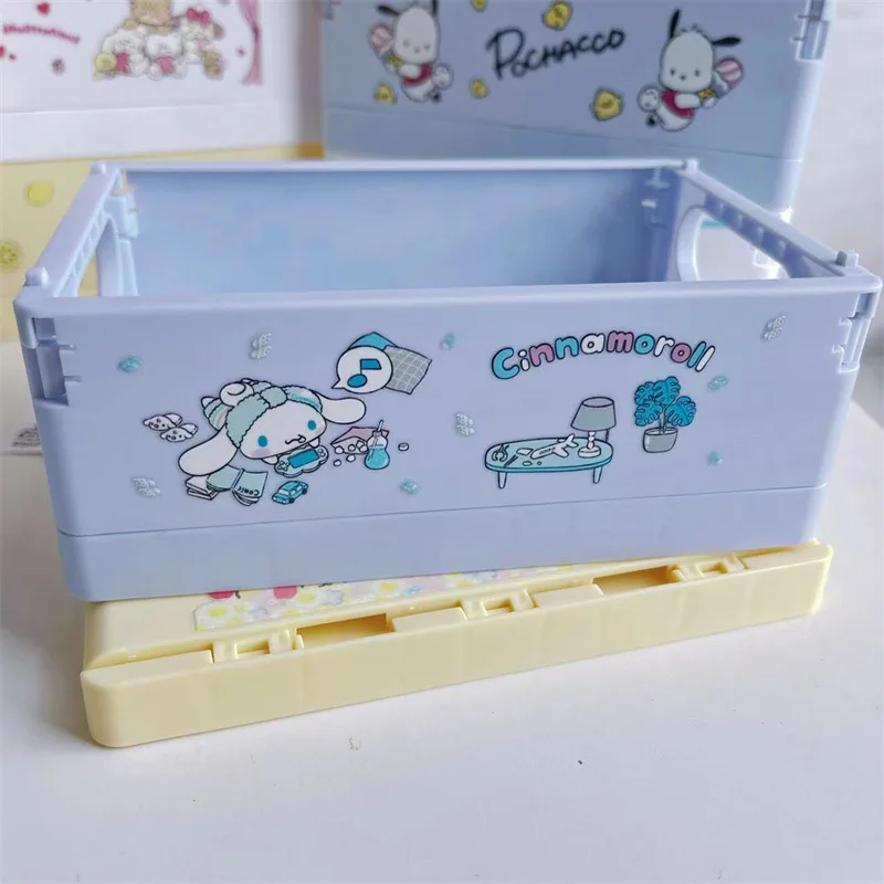 Ins Sanurgente Kuromi Cinnamoroll Paniers de rangement en plastique de bureau, boîte d\'évaluation, pliable, empilable, panier de rangement pour