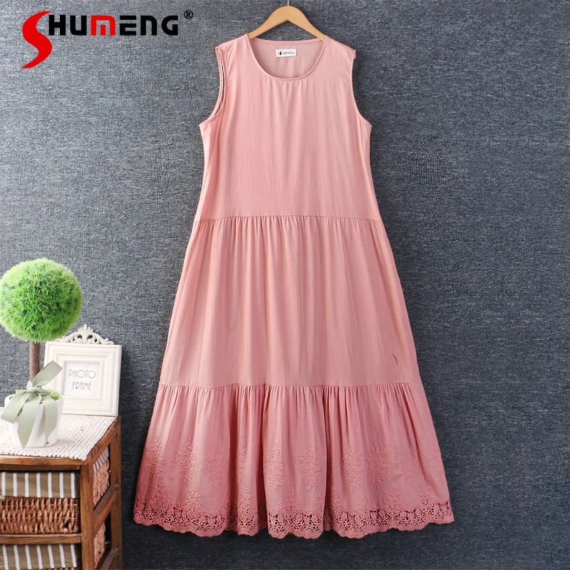 Japanese Sweet Mori Girl Sleeveless Round Neck Vest Dress Lace Embroidery Simple All-match Loose A-line Long Dress Women Summer