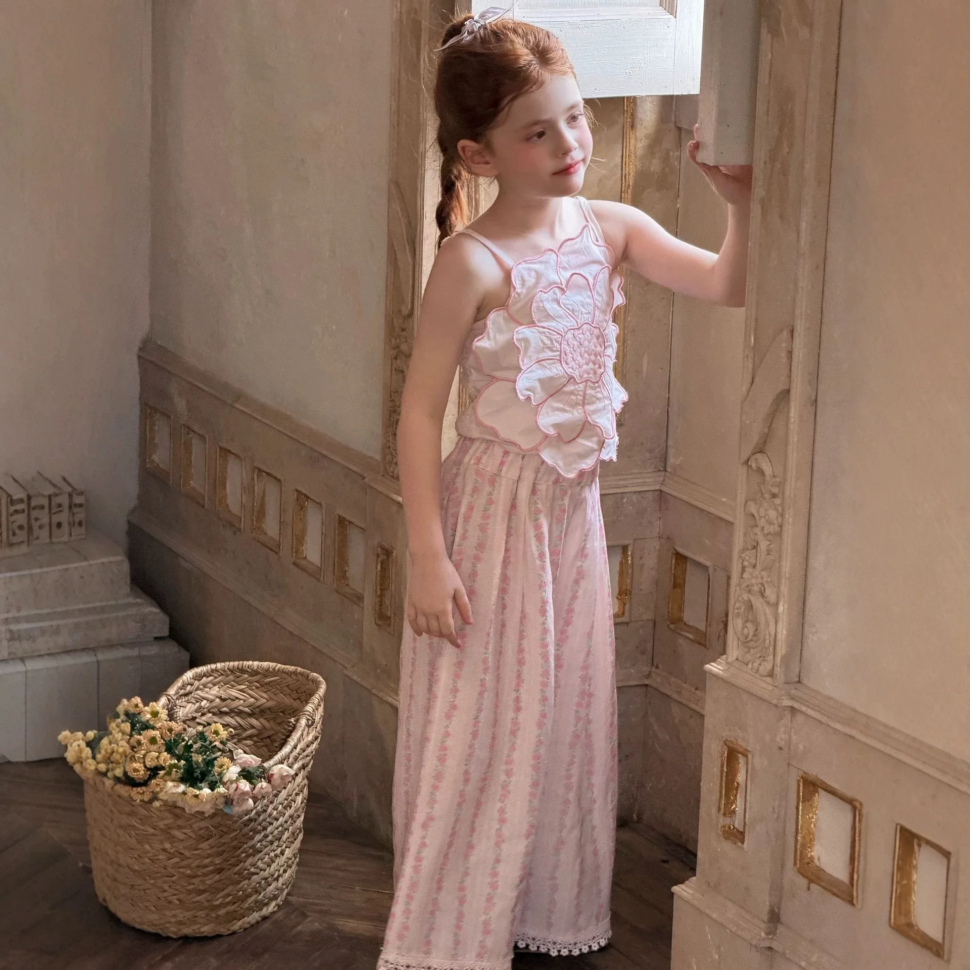 Korean 2026 Summer Floral Girls' Wide Leg Pants Pink Rose Vertical Striped Lace Lace Casual Pants