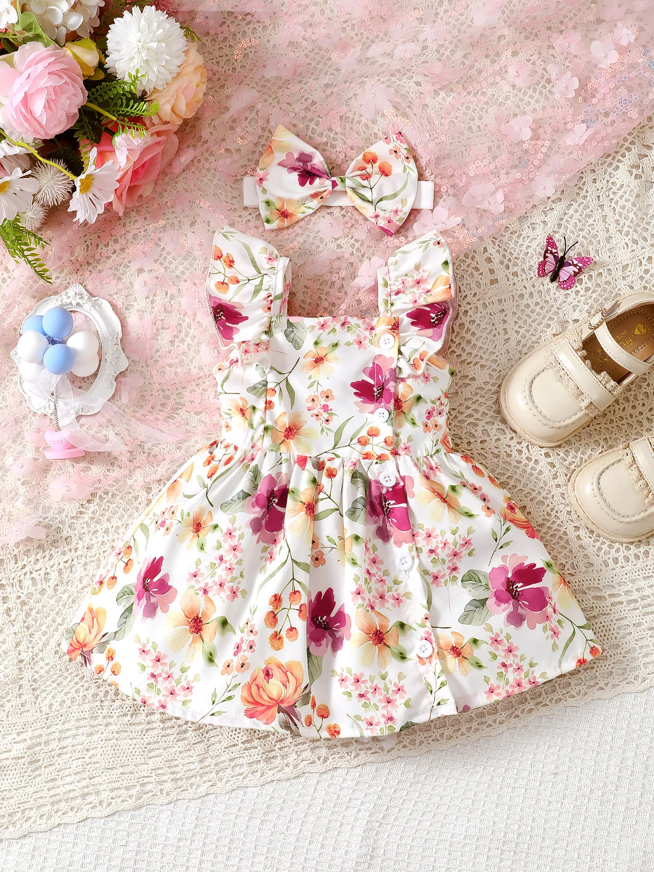 Baby Girl Summer Dress With Flying Sleeves, Spaghetti Straps, Lovely Watercolor Floral Print And Hairband