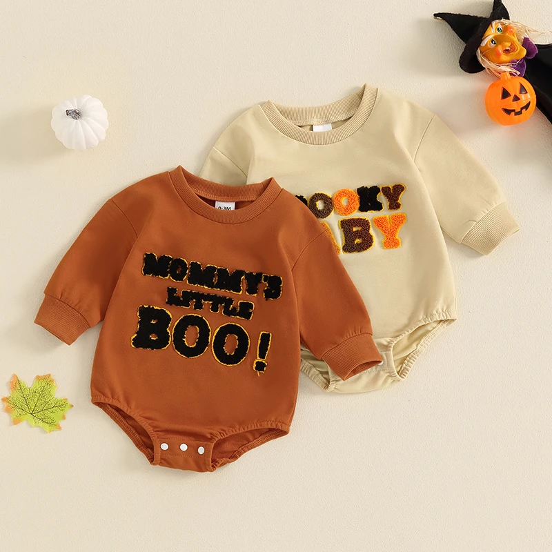 

Suefunskry Baby Boys Girls Halloween Romper Long Sleeve Letter Embroidery Bodysuit Newborn Sweatshirt Fall Clothes