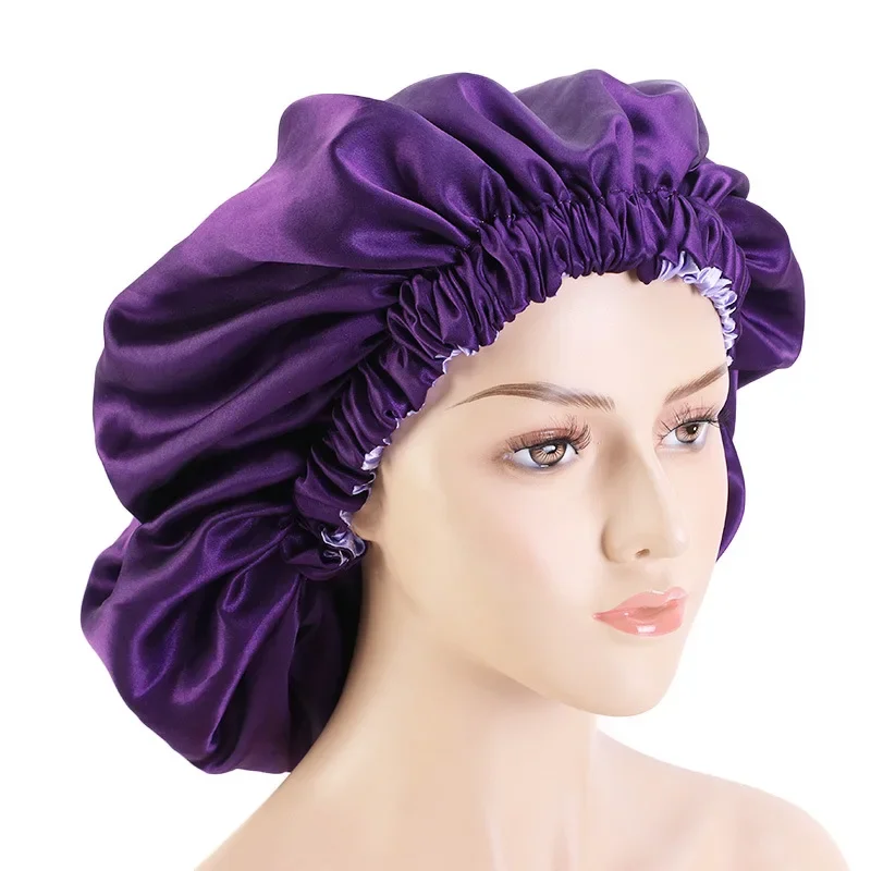 

New Fshion Women Satin Night Sleep Cap Hair Bonnet Hat Silk Head Cover Wide Elastic Band Hair Bonnet for Sleeping