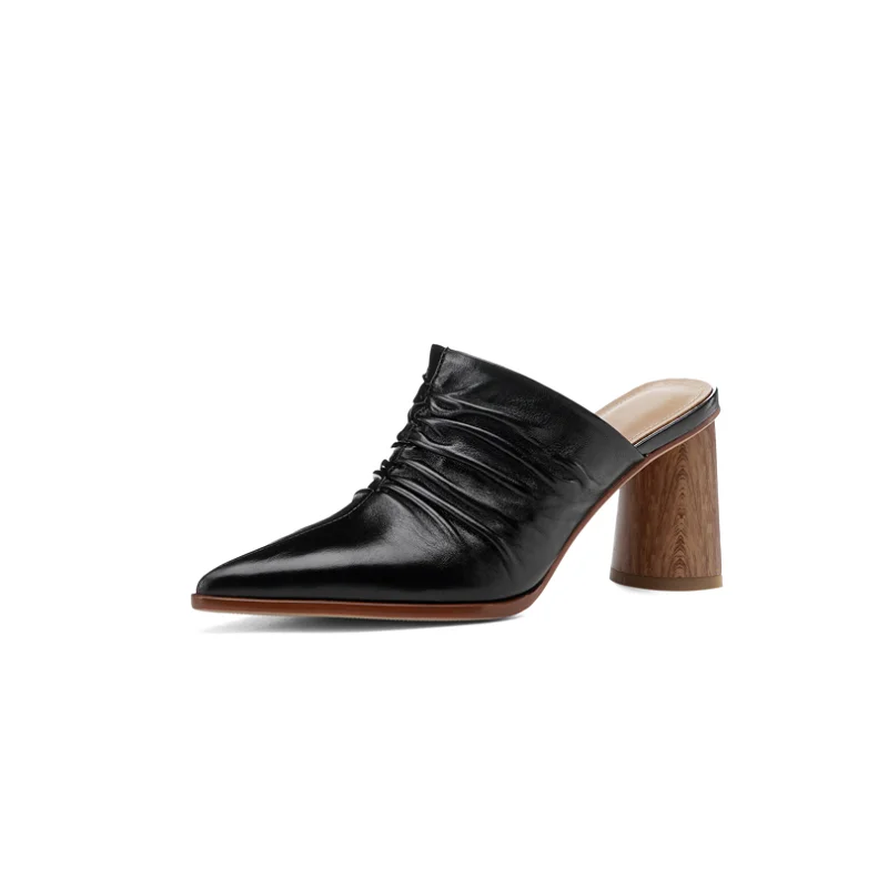 Womens Retro mules Lady Pumps basic style shoes natual Leahter french style Pleatede mullers Women Spring  autumn footwear