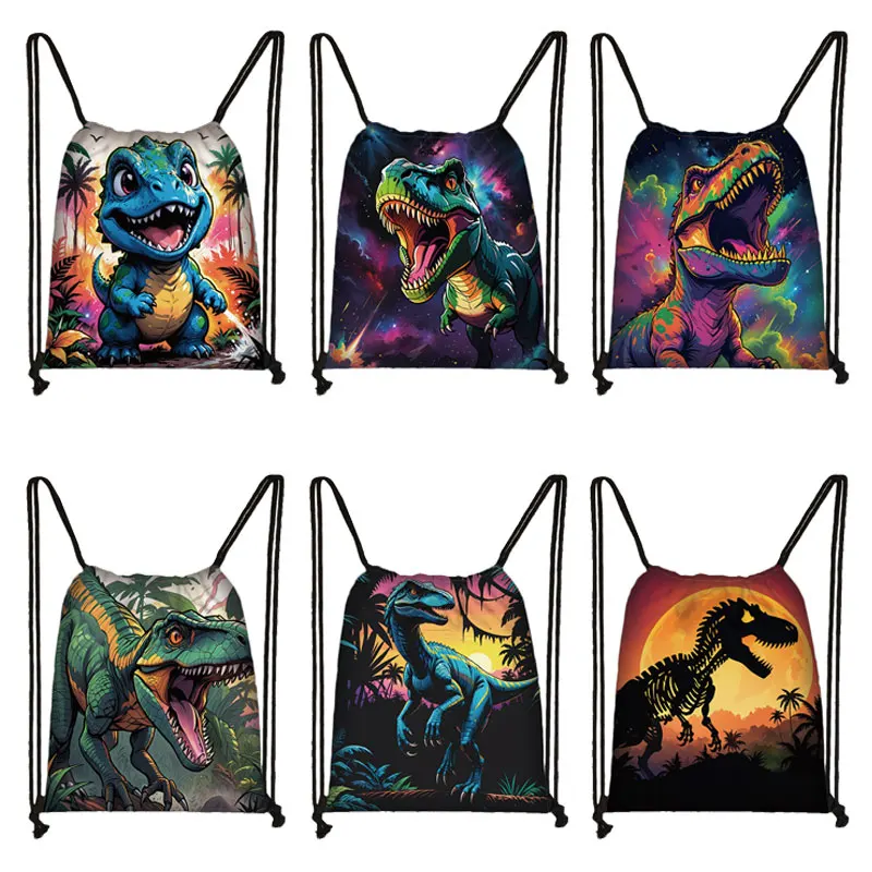 Cute Cartoon Dinosaur Print Drawstring Bag for Travel Cartoon Gym Sport Backpacks Teenager Bookbag Day Bag Shoes Holder Gift