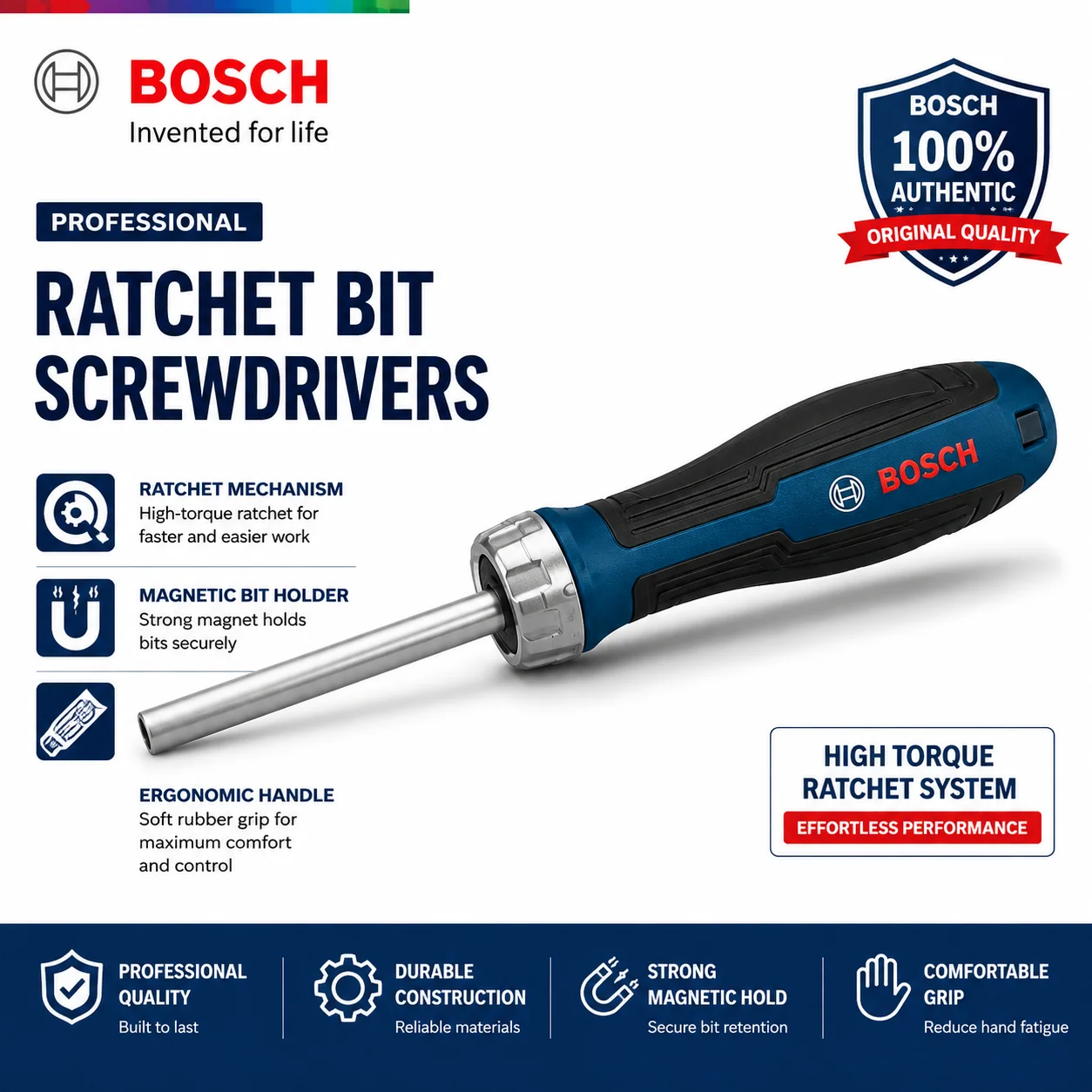 BOSCH Ratchet Screwdriver 1/4 Inch Magnetic Bit Holder Reversible Screwdriver CrV Steel Hand Tool for Repair Assembly DIY 46Nm