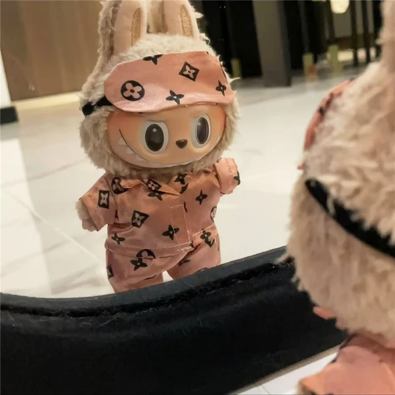 15 17 cm Für Labubu Puppe Retro Muster Pyjamas Mit Augen Maske Drei-Stück Outfit Kleidung Mode Schuhe Set kleidung Zubehör