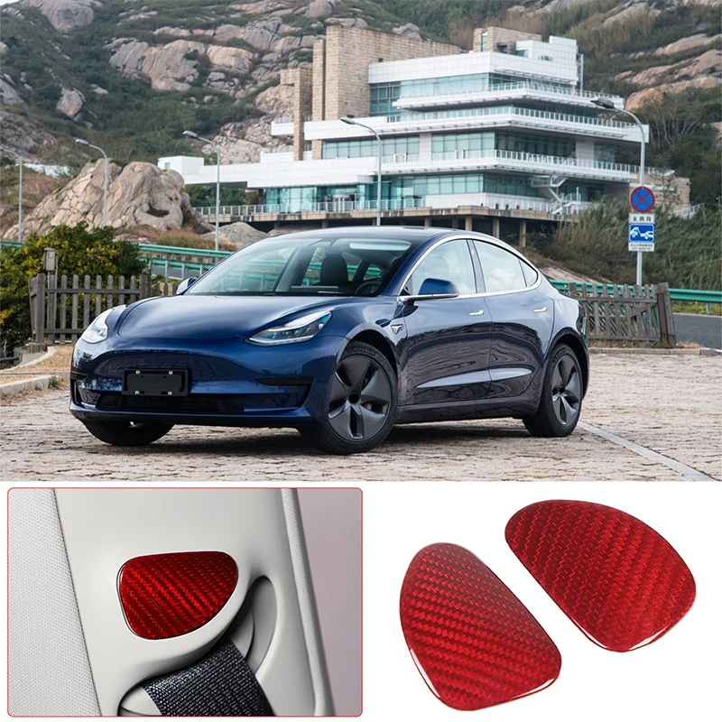

Red Safety Belt Button Panel Trim Stickers Real Carbon Fiber For 2016-2022 Tesla Model 3/Y Car Interior Accessories