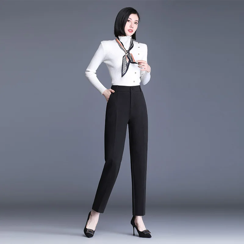 กางเกงขายาวทรงตรงเอวสูงสำหรับผู้หญิง รุ่น PT-593 ผ้าขนเป็ดขาว 90% สีดำ เหมาะสำหรับใส่ทำงาน