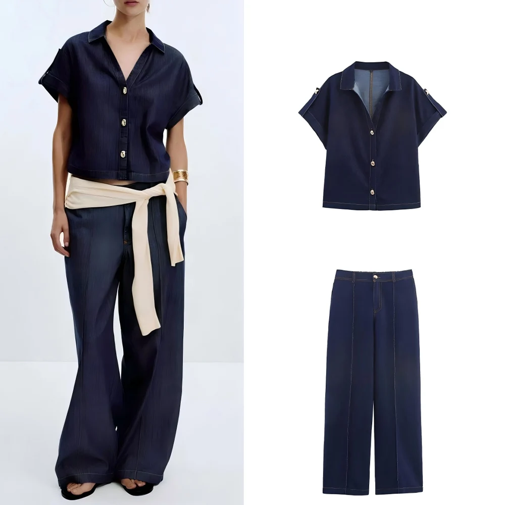 

Women's new fashion casual single breasted comfortable denim shirt retro short sleeved women's shirt chic top+Jeans suit