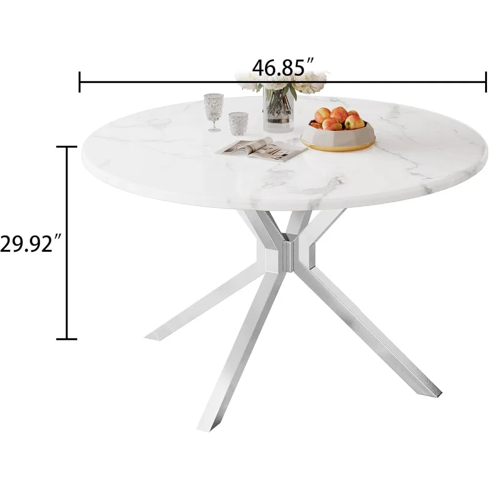 

47'' White Marble Dining Room Table for 4-6, Circle Faux Marble Kitchen Table with Silver Mirrored St