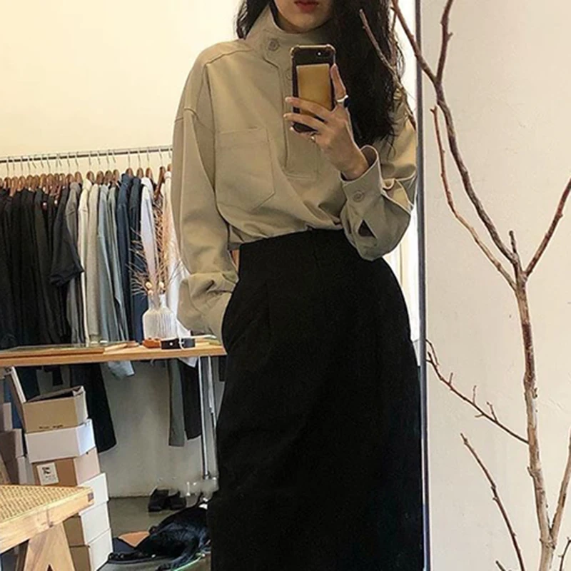 Y2k Harajuku Women Shirts Korean Loose Stand Collar Pockets Female Blouse Autumn Fashion All Match Chic Button Ladies Casual Top