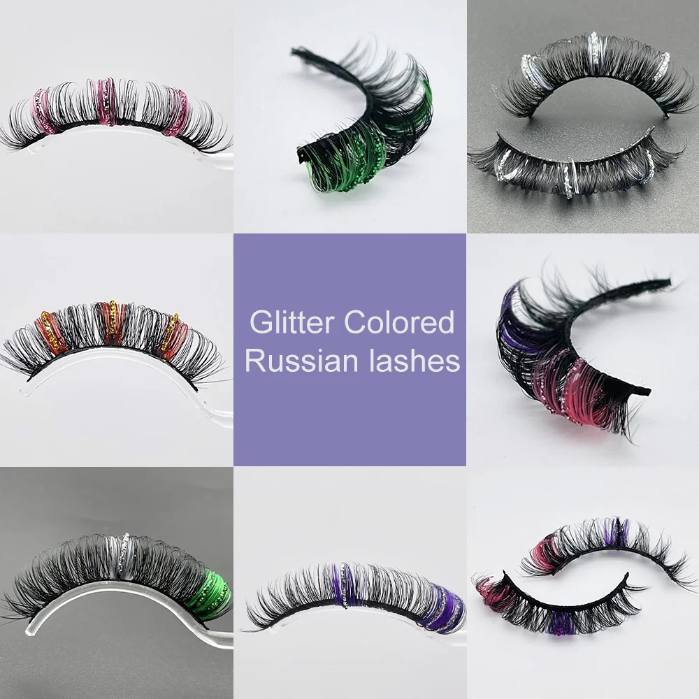 Color Lashes Russian Volume With Glitter Fake Lash Curl DD Faux Mink Wholesale Glitter Eyelashes Handmade Dramatic Lashes Bulk