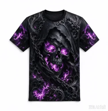Gothic Style Fully Printed Death Skull Glowing Purple Flame Chain Black Short Sleeved Heavy Metal Punk Pattern Top