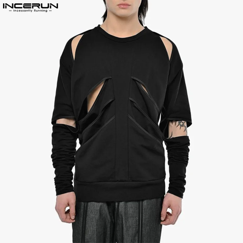 INCERUN Tops 2024 American Style Men's Fashion Deconstruction Hollowed Pullover Casual Streetwear Solid Long Sleeved Sweatshirts