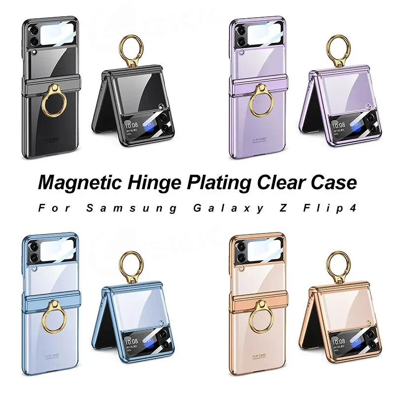 Magnetic Hinge Ring Bracket Case For Samsung Galaxy Z Flip 4 Plating Clear Outer Screen Glass Cover For Galaxy Z Flip4 5 Case