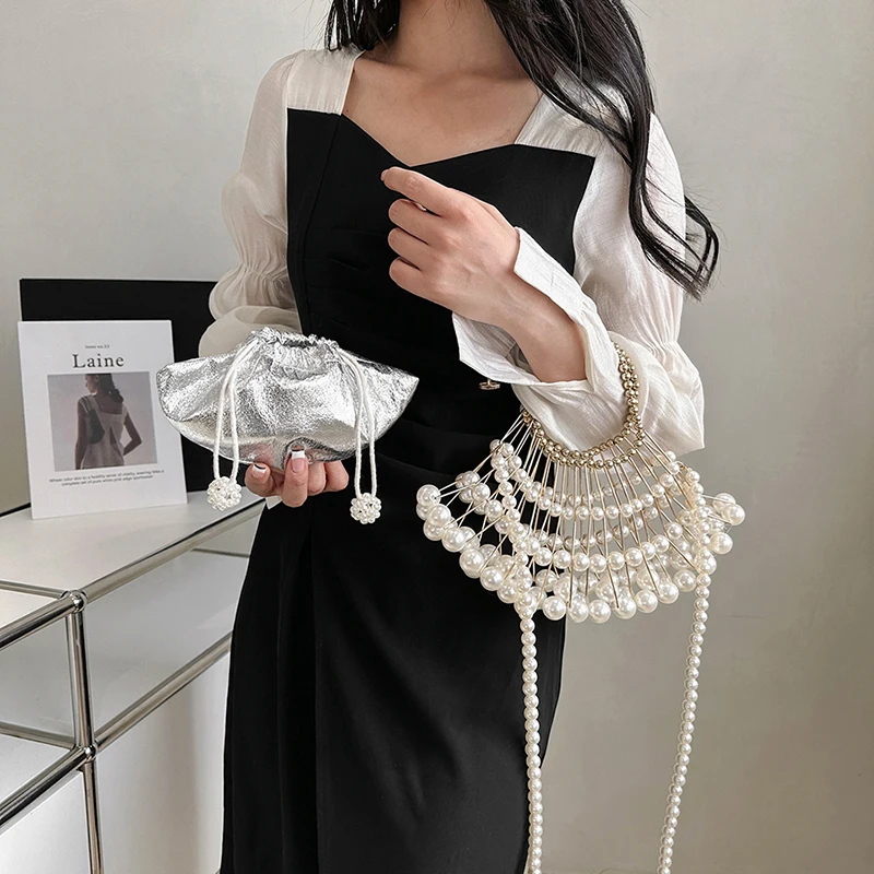 Luxury Silver Pearl Evening Clutch Bag For Women Party Wedding Designer Handbag Purse Female Hollow Out Shoulder Crossbody Bag