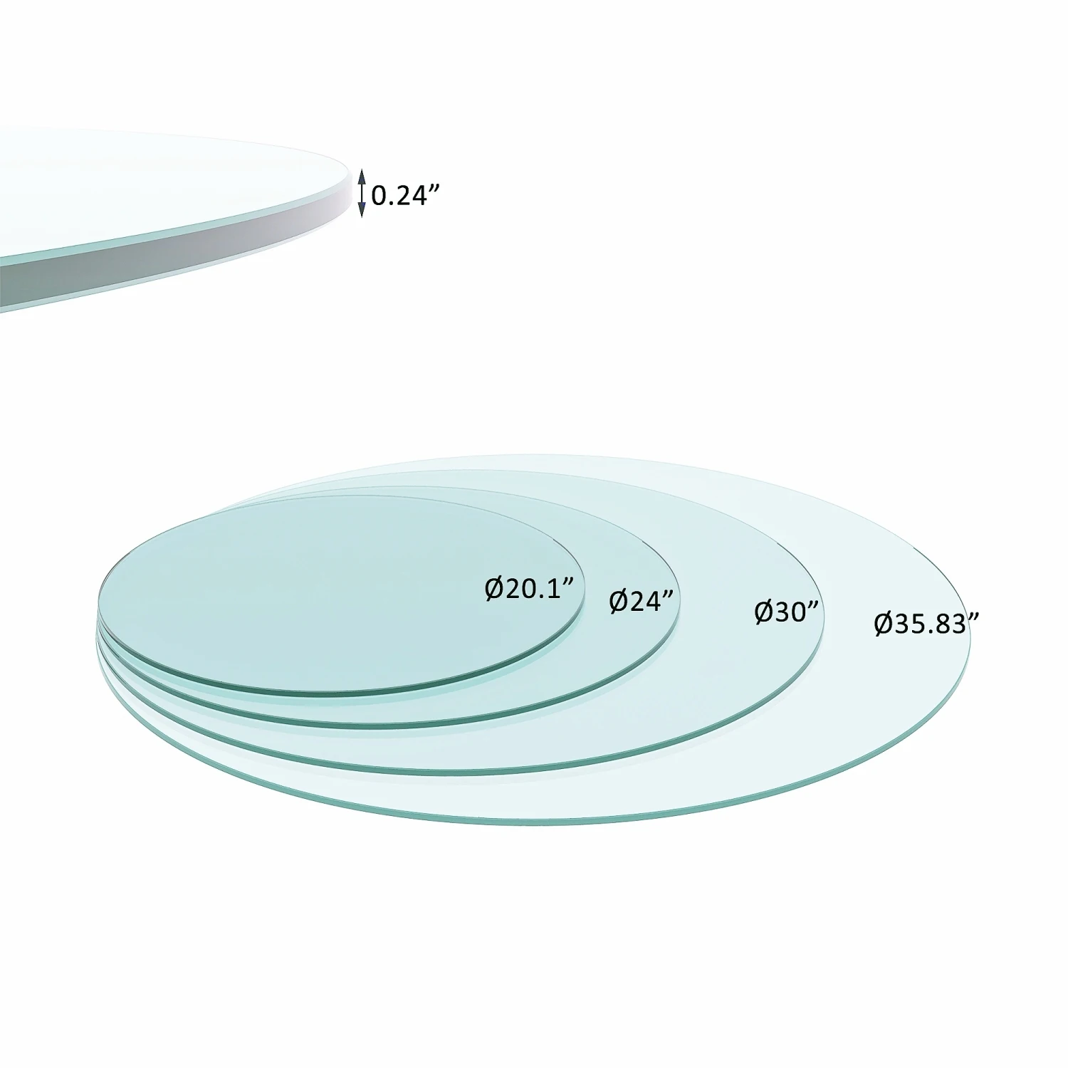 Plateau de table rond en verre du Guatemala, bord poli plat optique, verre transparent, 20 po, 1/4 po