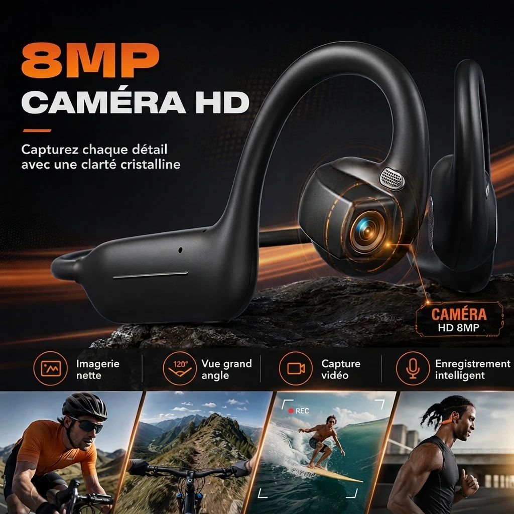 Écouteurs à Conduction Osseuse avec Caméra HD 8MP, Écouteurs Bluetooth Sans Fil, Assistant IA, Traduction, Reconnaissance d'Objets E12