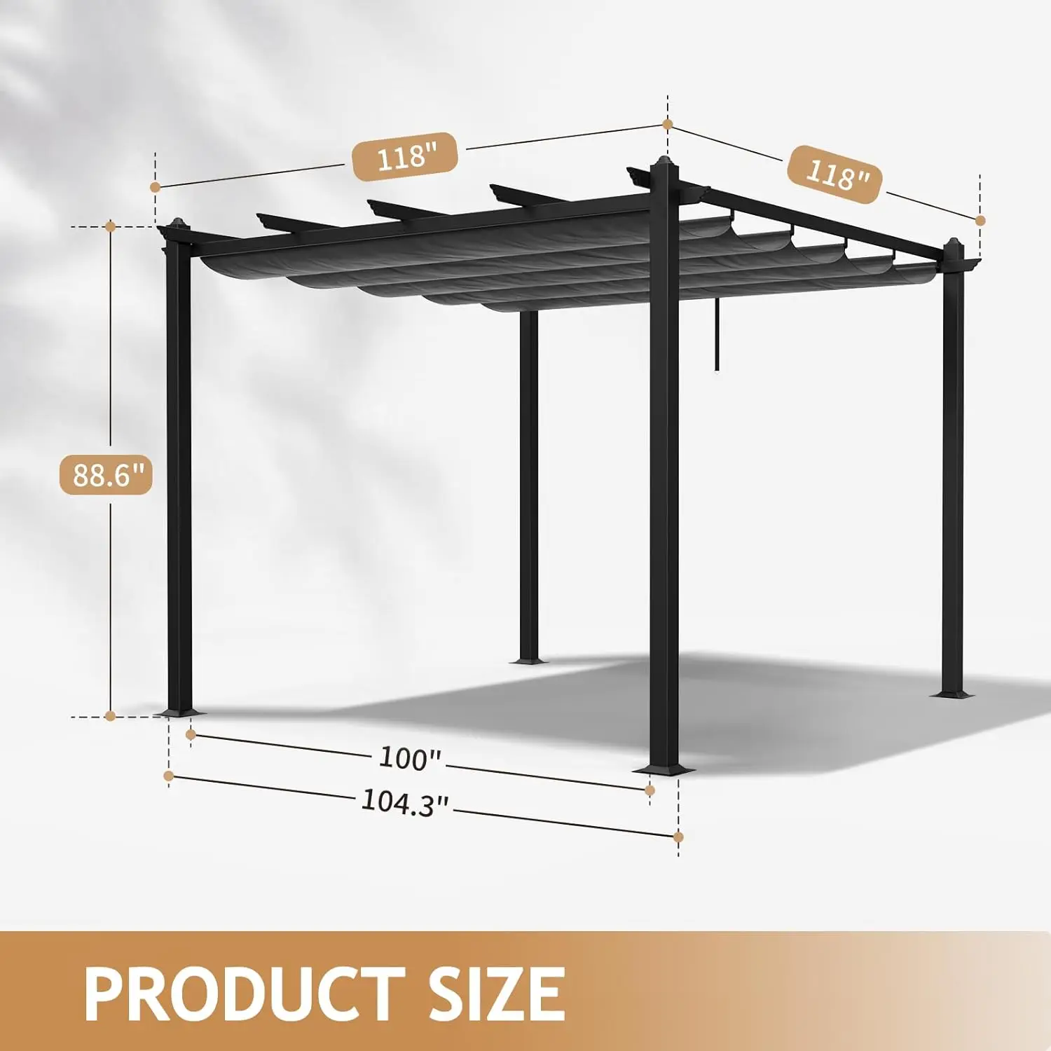 Patio Pergola, 10x10ft Aluminum Gazebo with Adjustable Retractable Waterproof Sun Shade Shelter Awning for Garden Lawn Deck