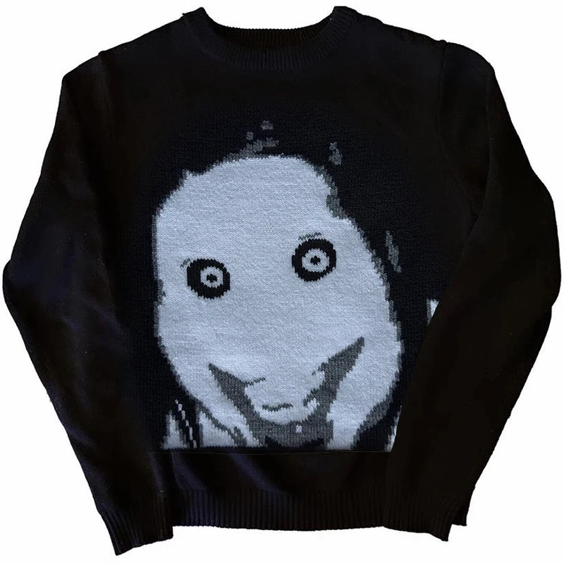 Men\'s Retro Knitted Pattern Pullover, Y2k Anime Devil, Hip Hop Street Sweater, Casual Painting