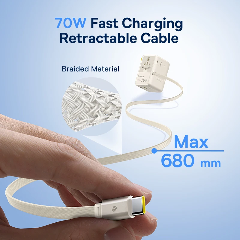 Uniwersalny adapter podróżny Baseus 70W GaN 2 gniazda AC 1 USB 2 porty Type C z wysuwanym kablem, szybka ładowarka EU UK US AUS 6-w-1 — zdjęcie produktu 4