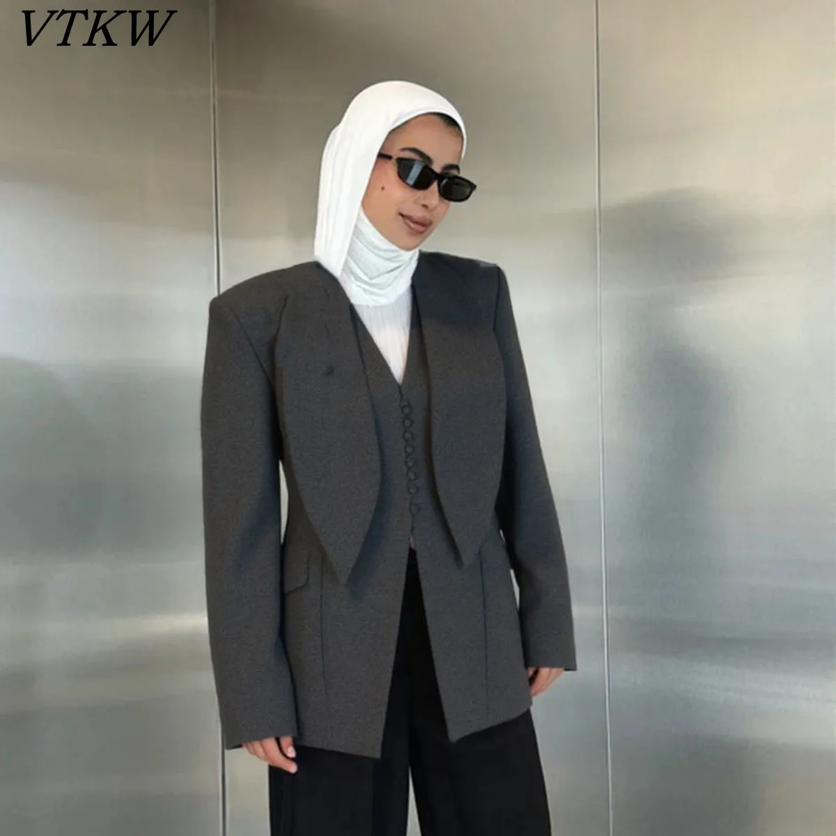 

VTKW нерегулярный галстук с v-образным вырезом, однотонный дизайн, весна 2023, новый стиль, высококачественный женский пиджак, свободный универсальный пиджак