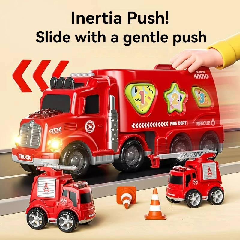 5 in 1 Friction Inertial Cars Toy Fire Trucks Engineering Trucks Music Light Model Set Puzzle Match Toys Boys Kids Birthday Gift