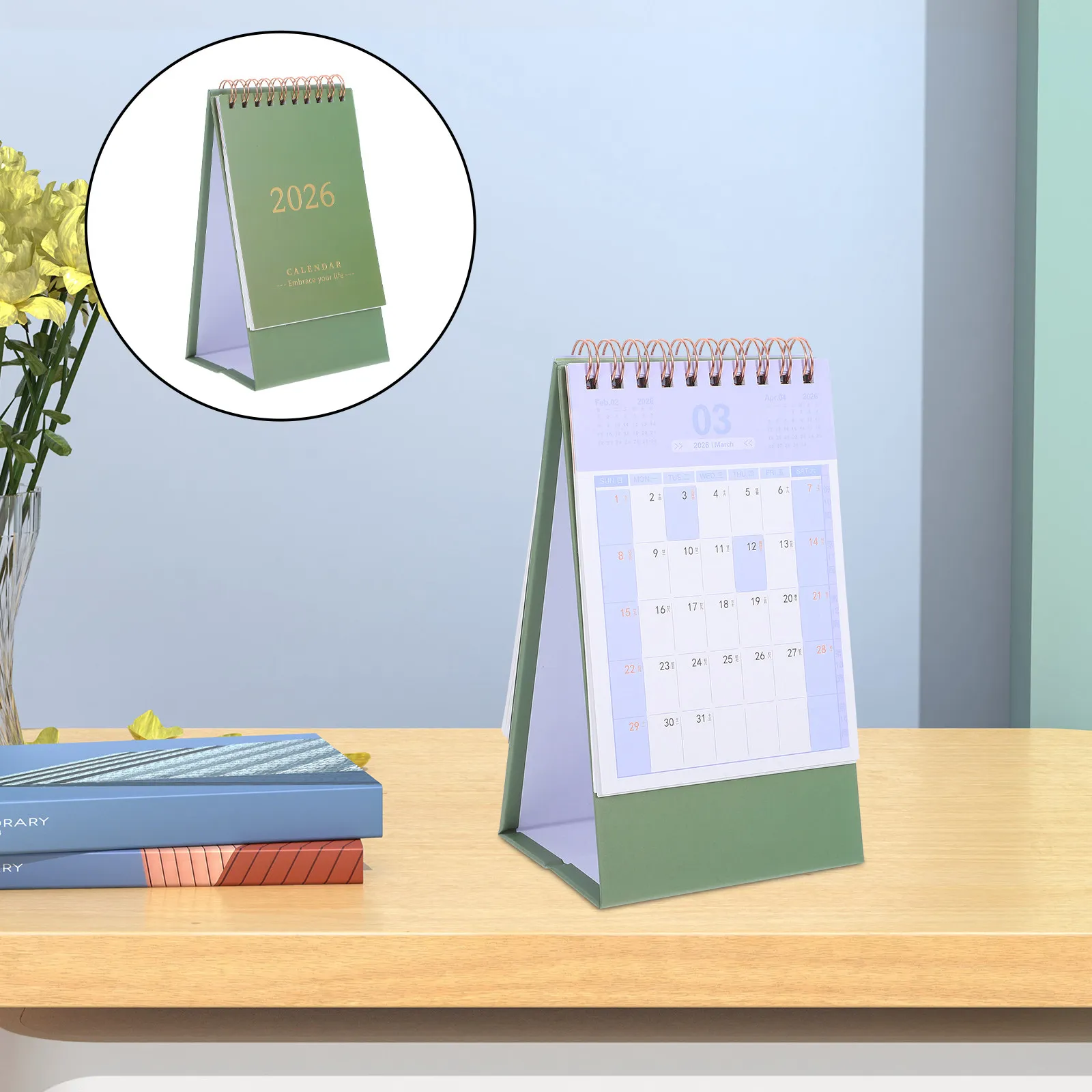 

2026 Desk Calendar Minimalist Green Standing Monthly Planner Compact Design Desktop Scheduling and Daily Planning
