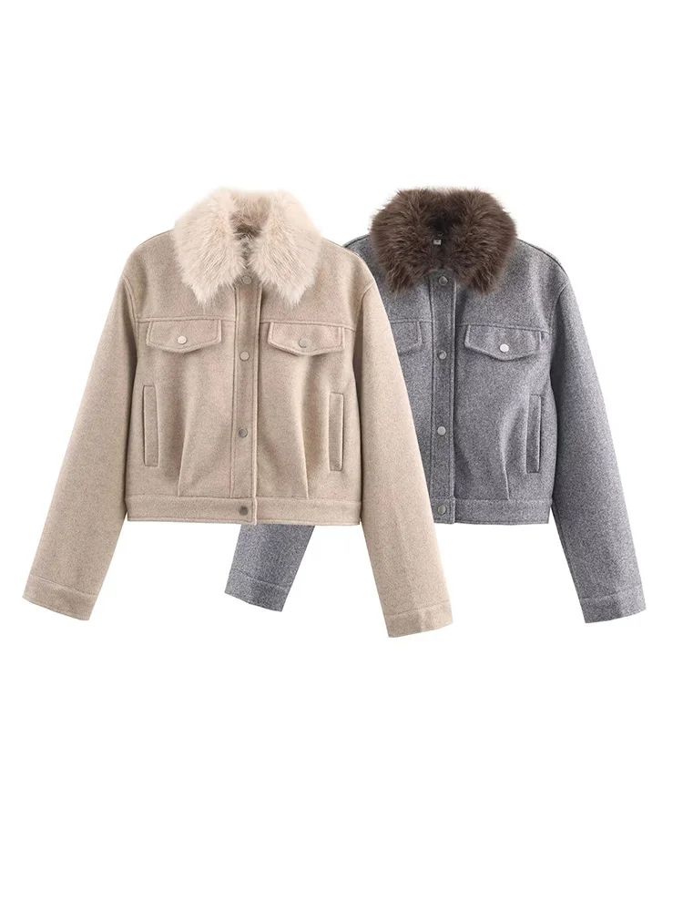 HH Woman Fashion Single Breasted Pocket Decoration Removable Fur Lapel Long Sleeves Coat Female High Street 2- Color Casual Coat