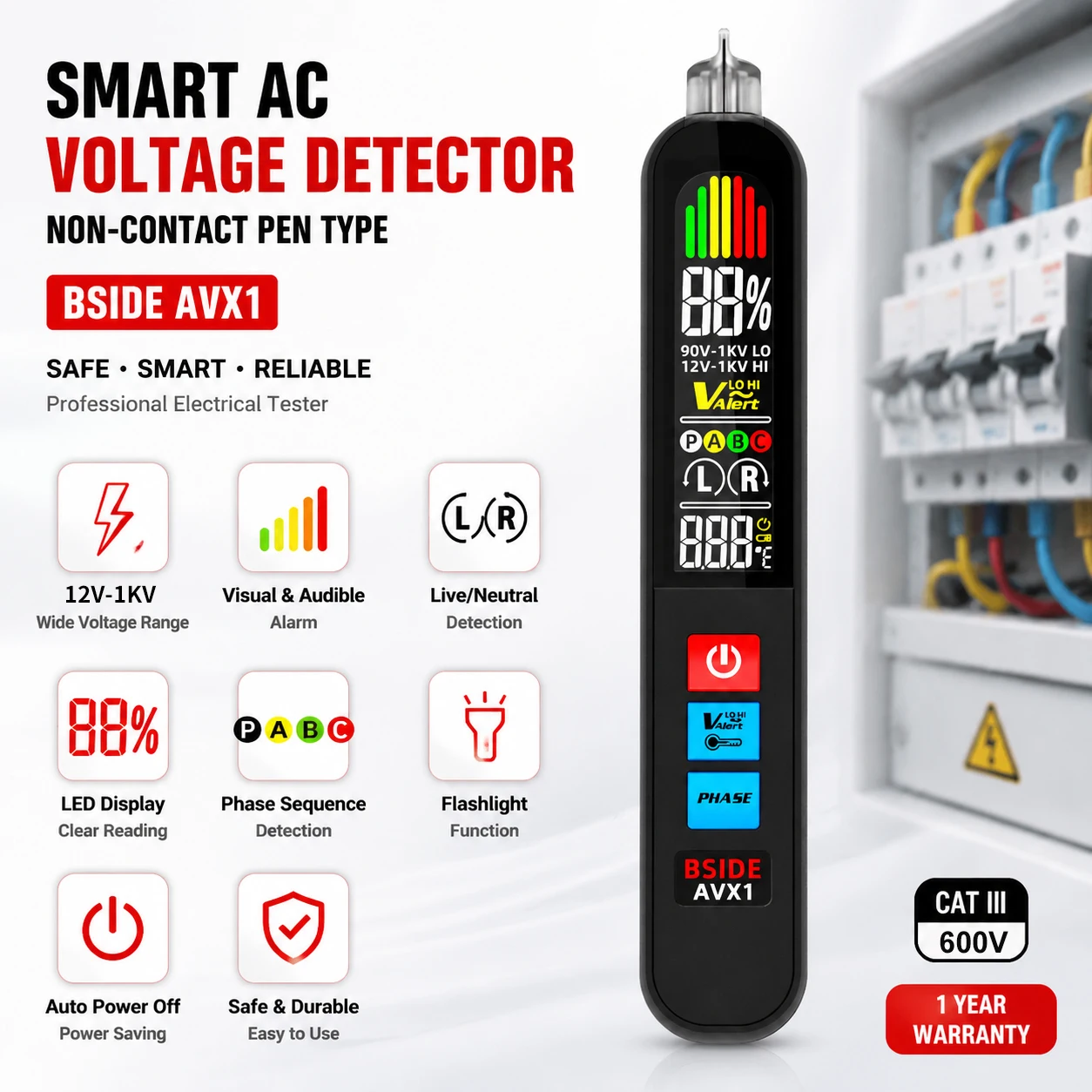 BSIDE AVX1 Phase Sequence Continuity Detector, Non-Contact Induction Pen, Voltage Indicator Meter, Usb Rechargeable Battery
