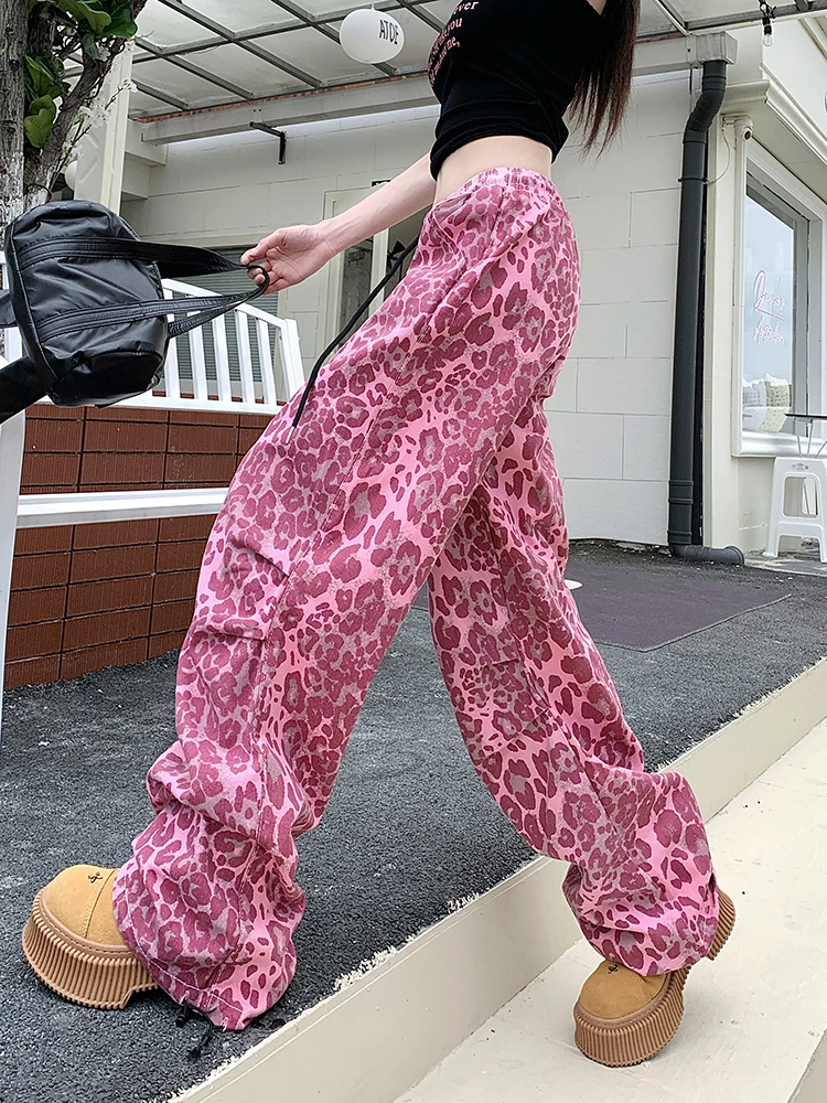 

Summer New Y2K Slim Woman Pants Fashion Street Leopard Pattern American Women Pants Street Straight Cargo Pants Female Chicly