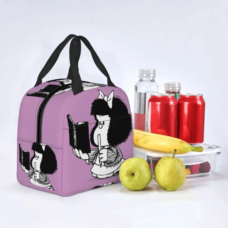 Mafalda With Notebook Thermal Insulated Lunch Bags Women Quino Comic Cartoon Resuable Lunch Tote for Work School Travel Food Box