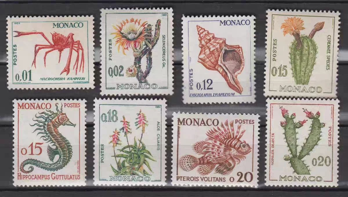 Monaco-Poststempel, Jahr 1960–1964, Flora und Fauna, Kaktus, Seepferdchen, Krabbe, 8, neue Sammler-Postmarken, Material für Scrapbooking – Detail 1