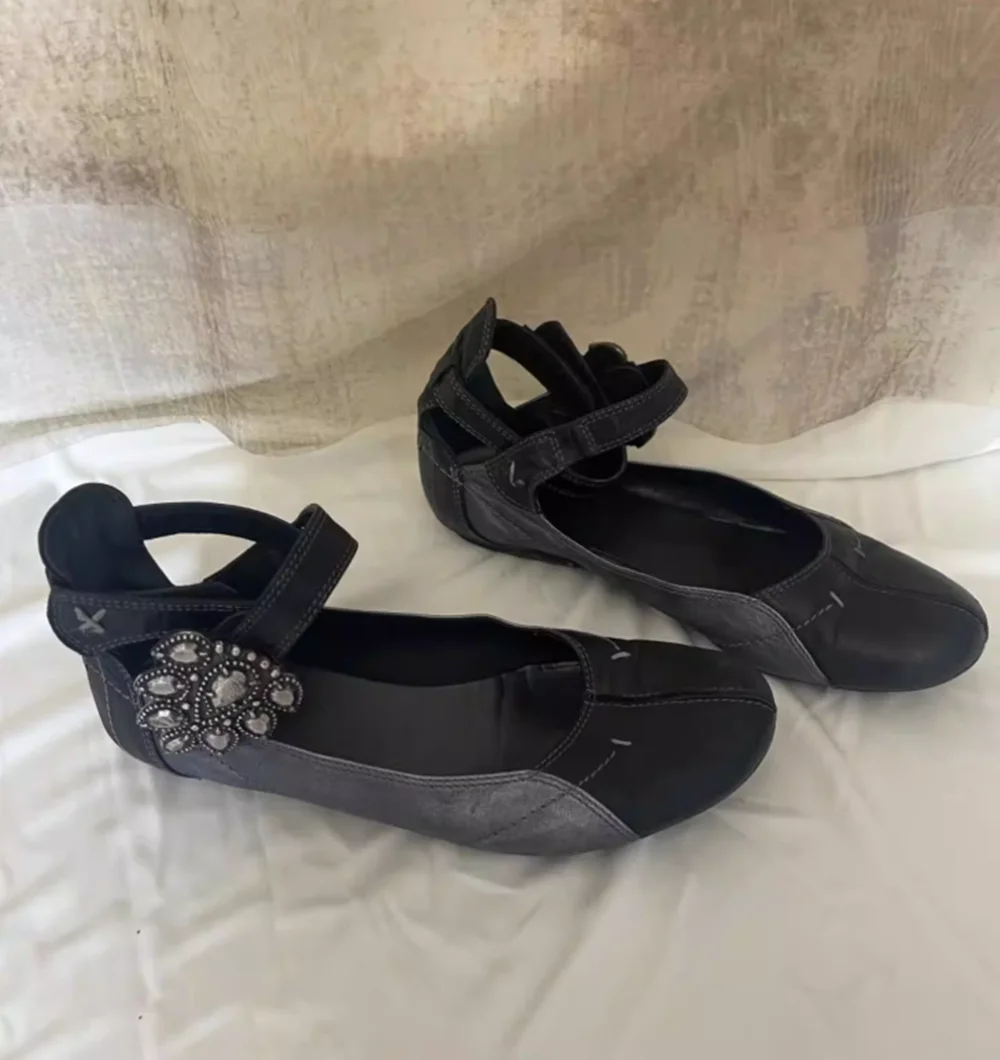 Black Distressed Leather Mary Jane Flats Crystal-Embellished Floral Accent Adjustable Ankle Strap Round Toe Retro Lady Shoes view 5