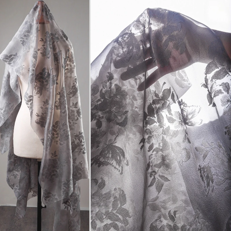 

Gray Semi Transparent Plant Embroidery Texture Jacquard Fabric Dress Three Dimensional Relief Clothing Designer Fabric