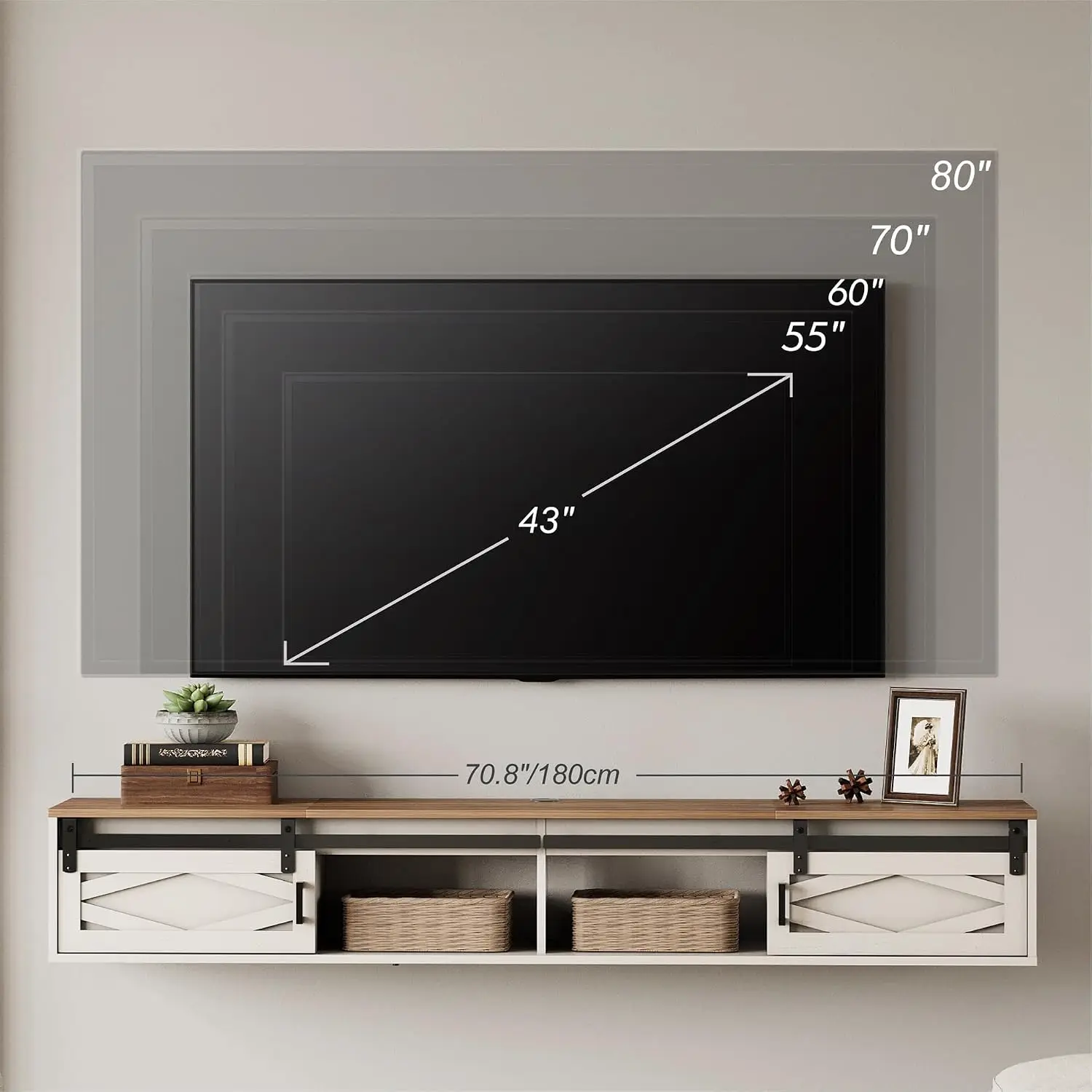 Antique White Sliding Barn Door Floating TV Stand For 80