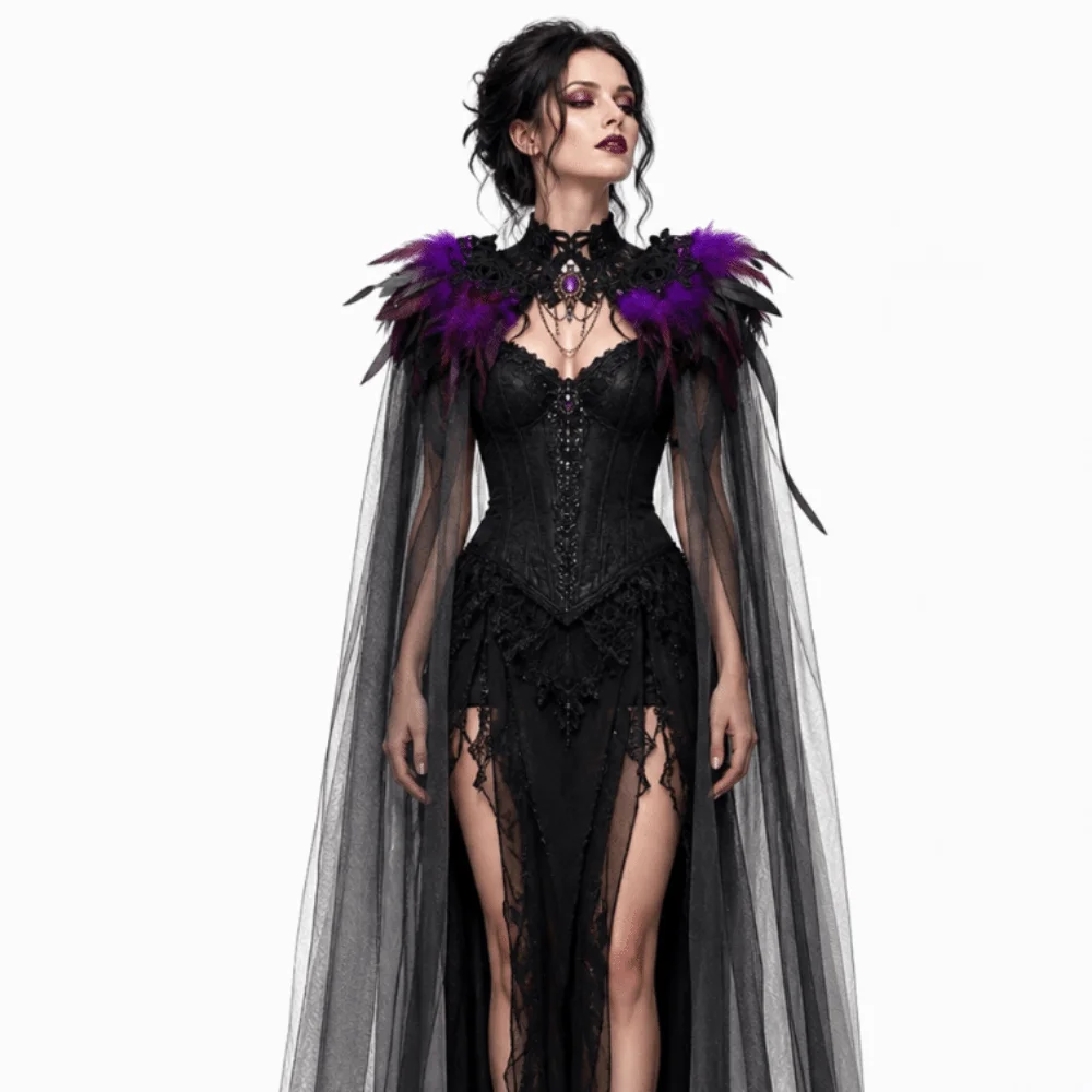 Black Halloween Feather Cloak Elegant Fur Collar Hollow Lace Mesh Cape Flowing Mesh Fringe Festival Costume Cape
