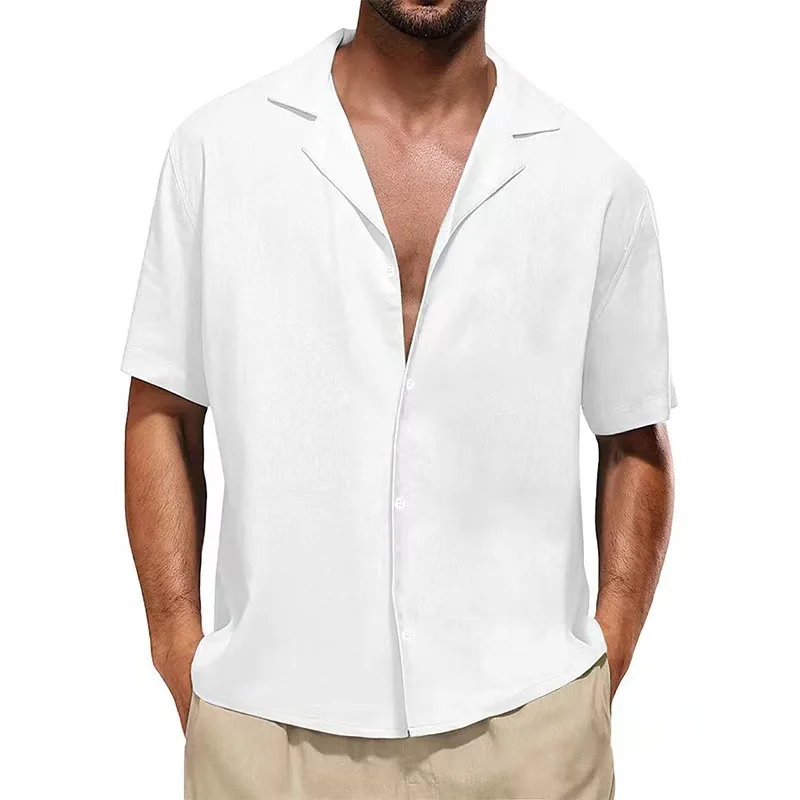 New Solid Color Men's Loose Casual Cuban Collar Short-sleeved Shirt Comfortable Shirt