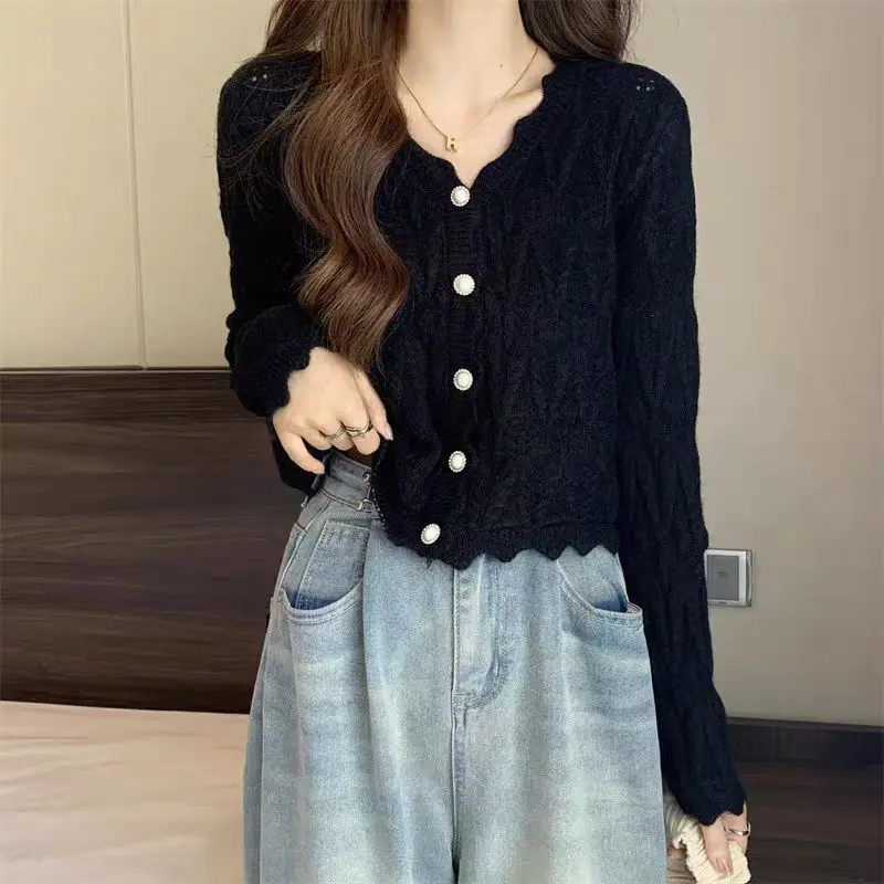 Knitted Cardigan Long Sleeve V_neck Sweater for Women\'s Spring Autumn Korean Version Slim Fit Temperament Personality Chic Top