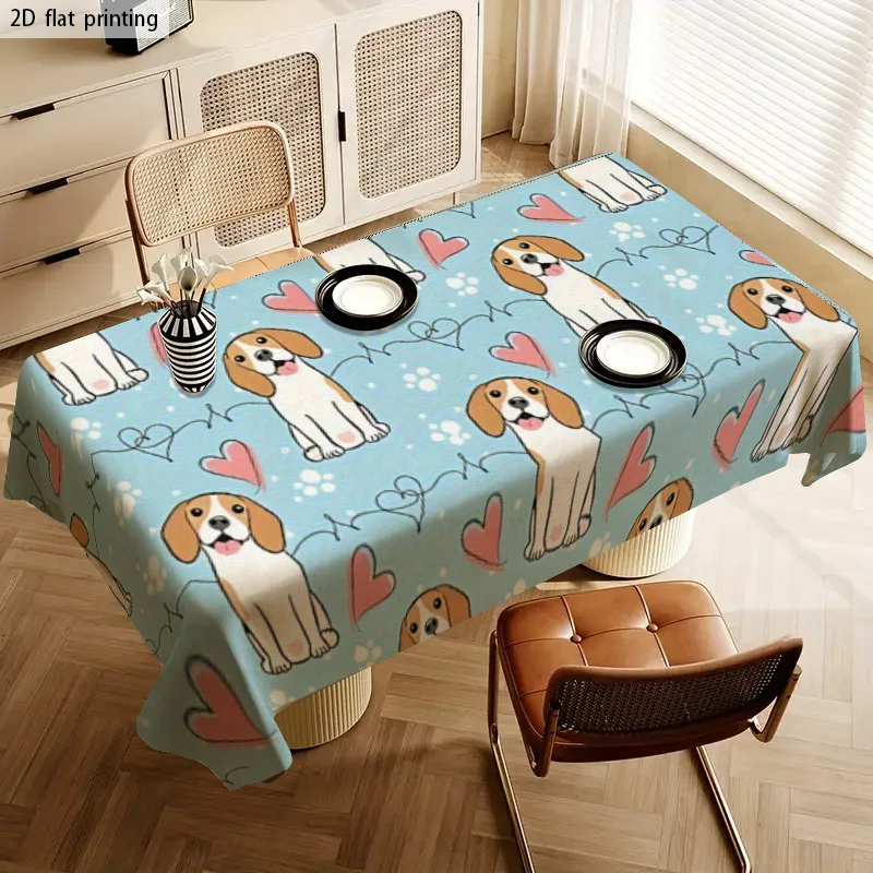 Pet Art Tablecloth, Lovely Cartoon Beagle Paw and Heart Pattern, Waterproof Table Cover, Sweet Home Interior Decoration