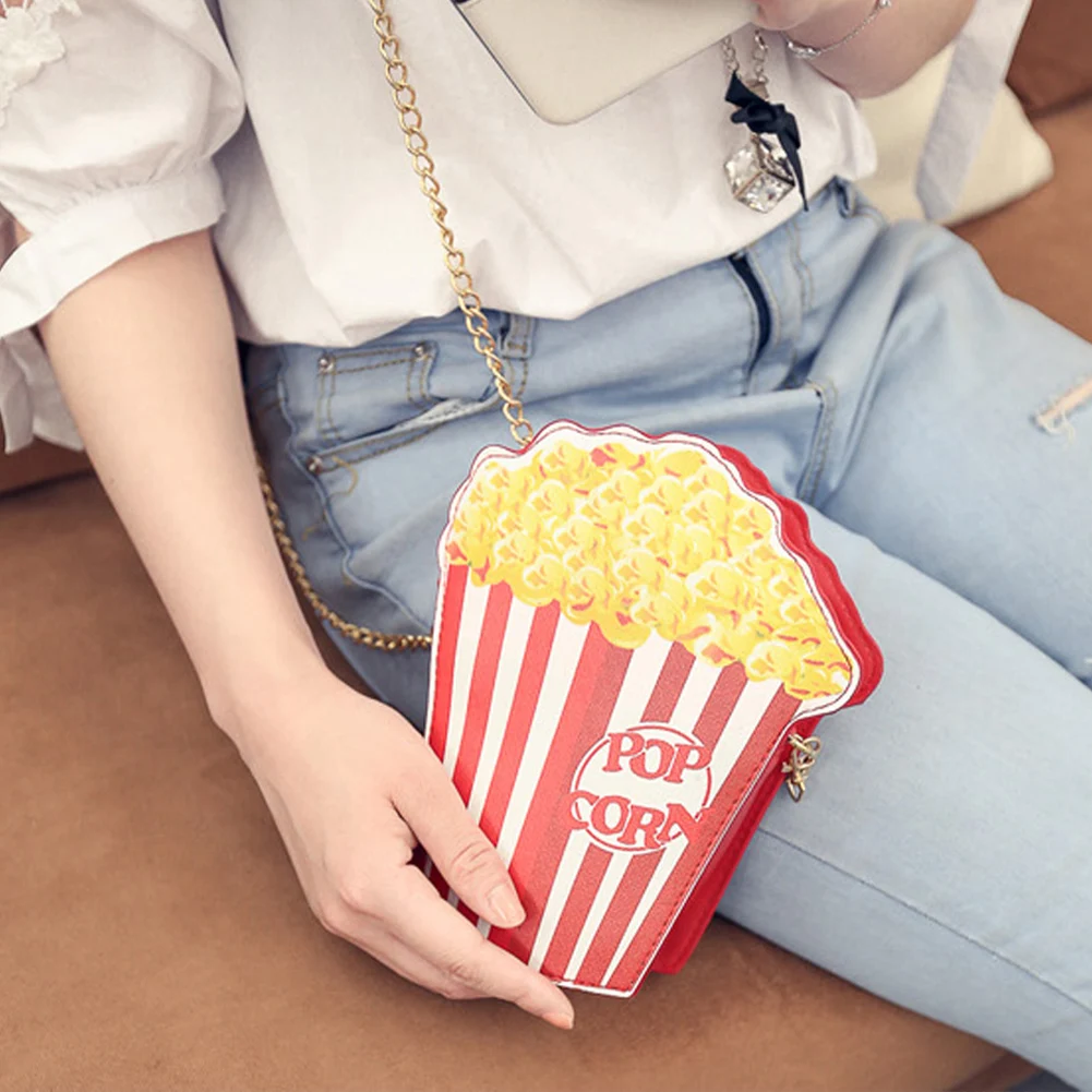 Popcorn Crossbody Bag for Woman PU Leather Chain Bag Cute Messenger Bags Handbag Purse Gift Funny Cartoon Popcorn Shoulder Bags