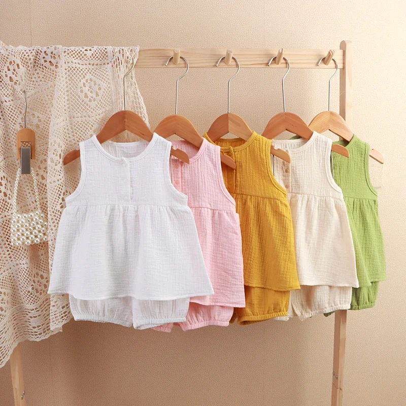 Fashion Children Girls Muslin Shirt and Shorts Set Casual Loose Shorts Sets for Kids Summer 0-5Years Two-piece Suit