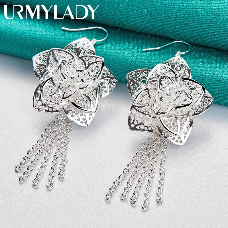 

URMYLADY 925 Sterling Silver Big Flower Earrings For Women Wedding Party Fashion Charm Jewelry