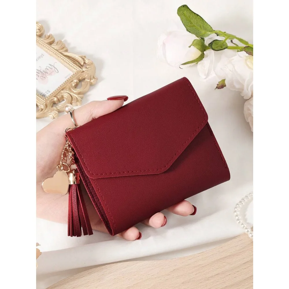 

Wine Red Double Fold Women's Mini Wallet, Coin Pocket Multiple Card Slots & ID Window, Fashionable Small Purse for Travel