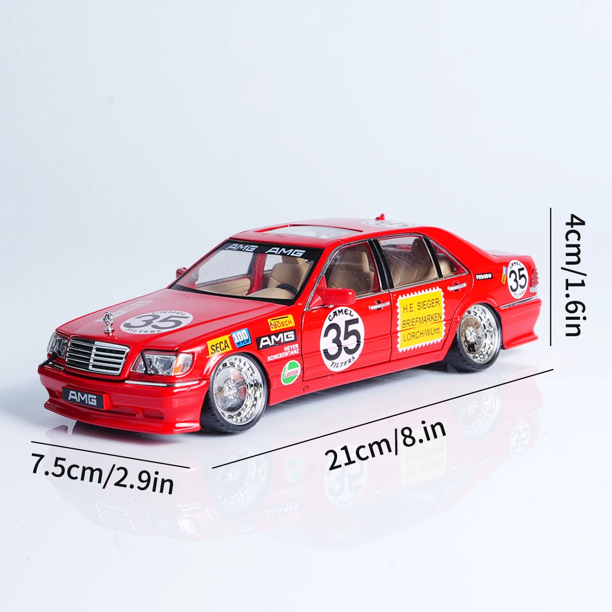 1:24 rood legering racewagenmodel, multi-print stickers, met geluid en licht, 4-wielige schokabsorptie, 6 deuren, pull back glide, jongensspeelgoed/ornament/festivalcadeau