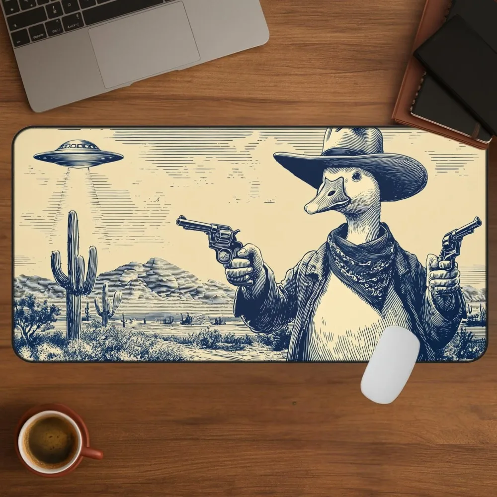 Silly Goose Cowboy Desk Mat, Vintage Sci-Fi Western Mouse Pad, Alien UFO Extended Computer Mat, Duck Keyboard Mat