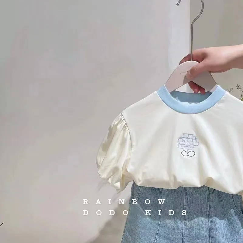 ملابس الأطفال تي شيرت مطرز للفتيات 2025 الصيف الكورية قصيرة الأكمام أعلى الدنيم السراويل الأطفال #4