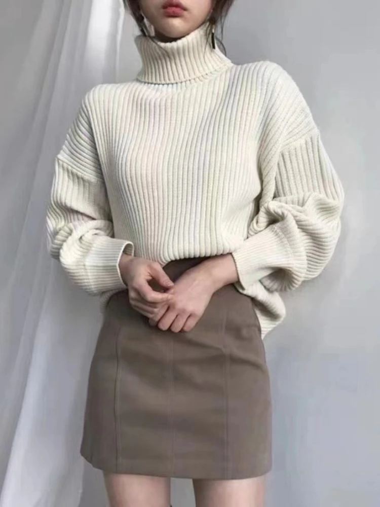 Korean retro solid color lantern sleeve loose knit sweater 2024 solid color lazy fashion turtleneck base blouse woman