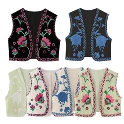 Keyanketian Vrouwen Etnische Stijl Vest Jas Set Casual Vakantie Korte Top Dames Vintage Gebloemd Borduurwerk Open Taille Jas